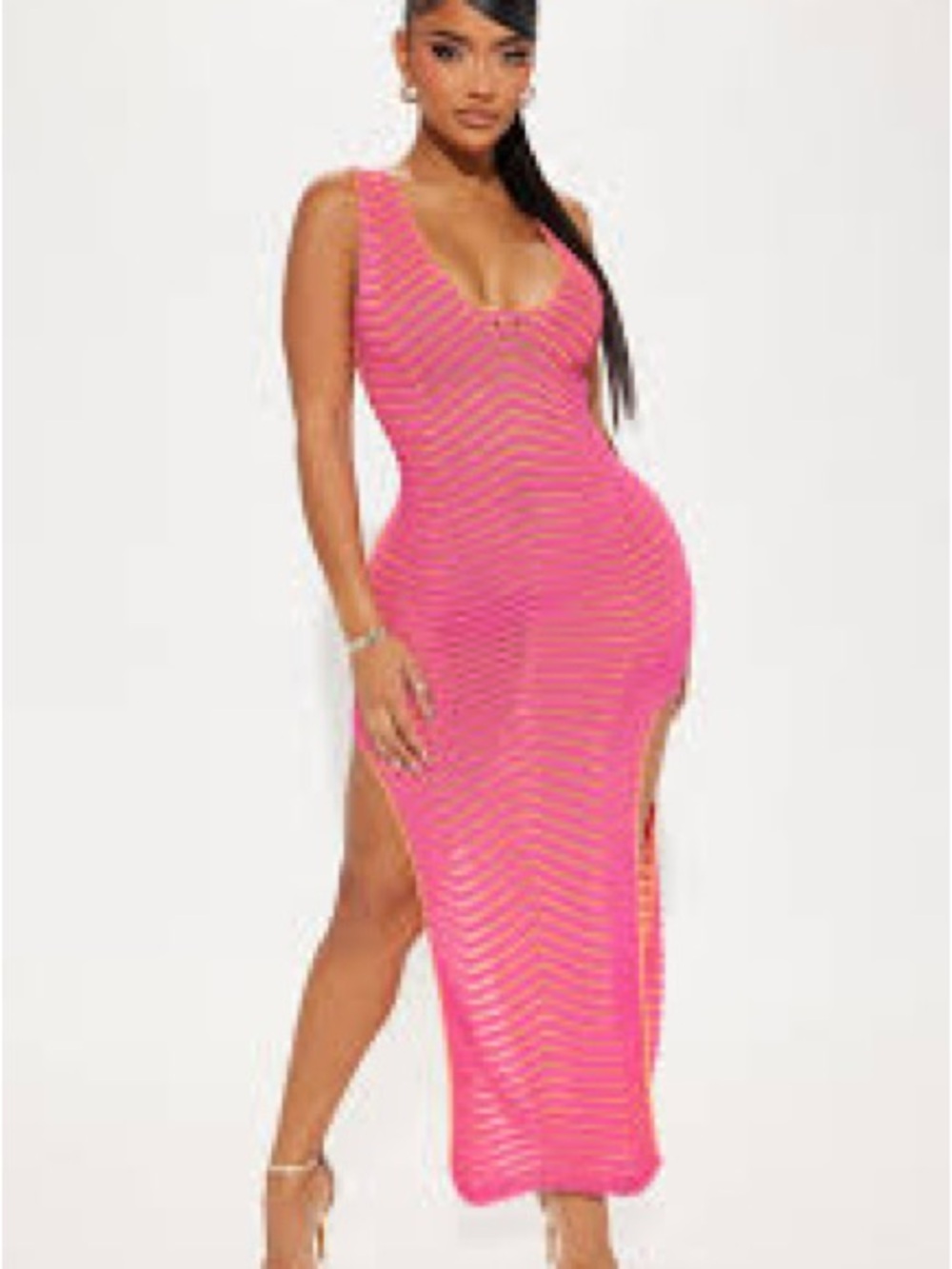 Fashion Nova Hot Pink Striped Maxi Swim Cover-Up